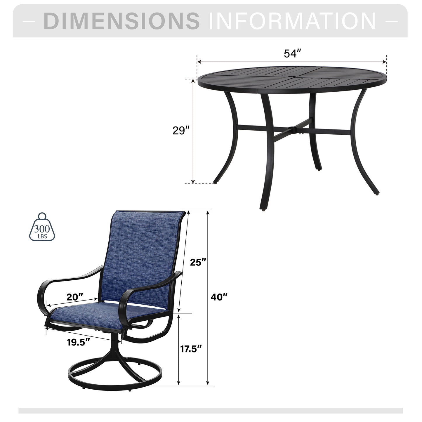 Captiva Designs 7 件套黑色圆形板条钢桌,带伞孔和 Textilene 旋转椅