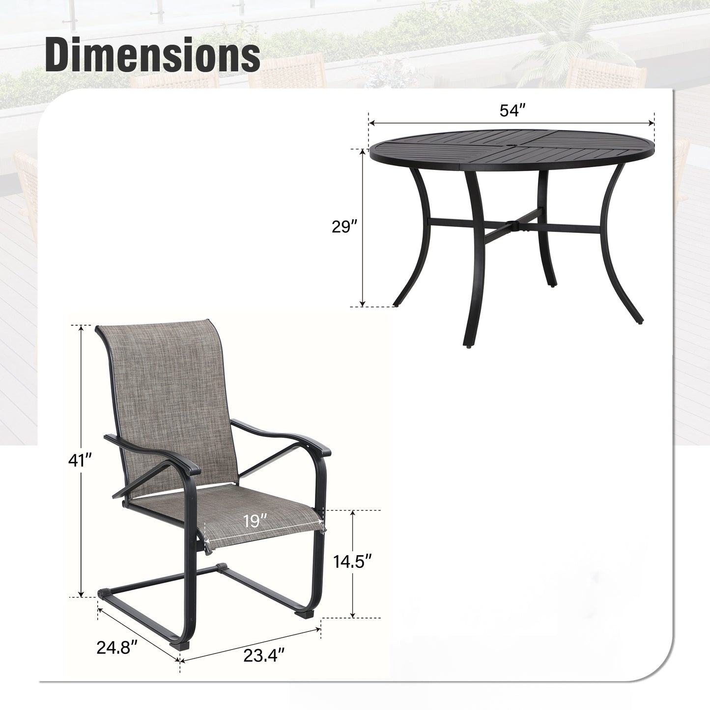 Captiva Designs 7 件套黑色圆形板条钢桌,带伞孔和灰棕色软垫 Textilene 椅子