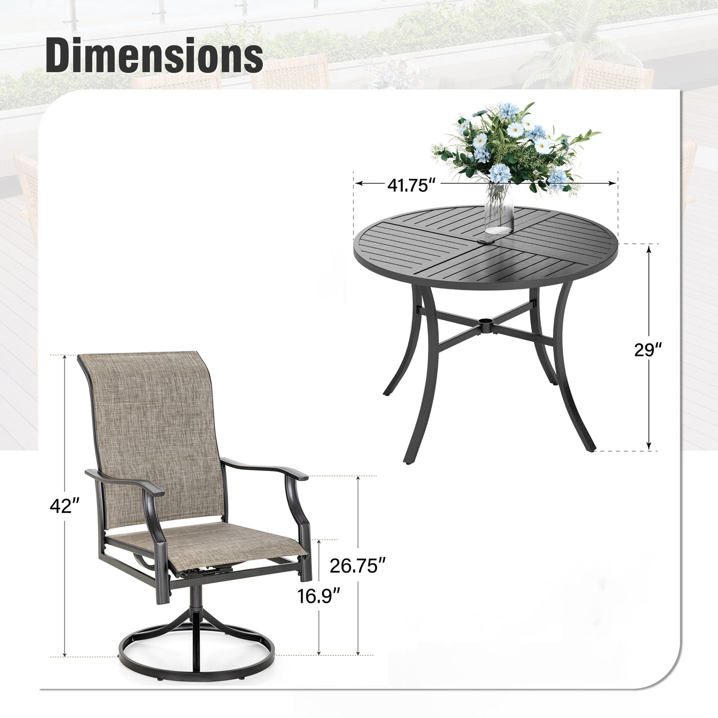 Captiva Designs 5pc Outdoor Slat-top Steel Dining Table & Grayish Bown Padded Sling Chairs