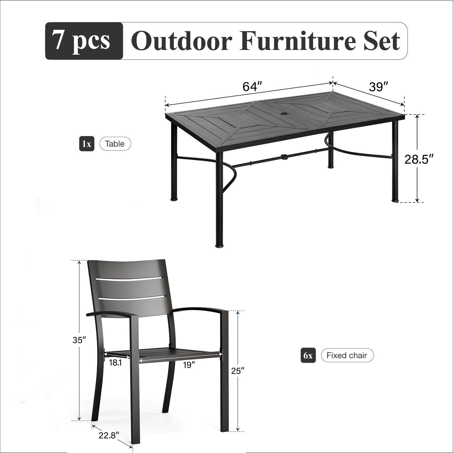 Captiva Designs 7pc Outdoor Patio Dining Set with Steel Table & Metal Chairs with Stripe Back