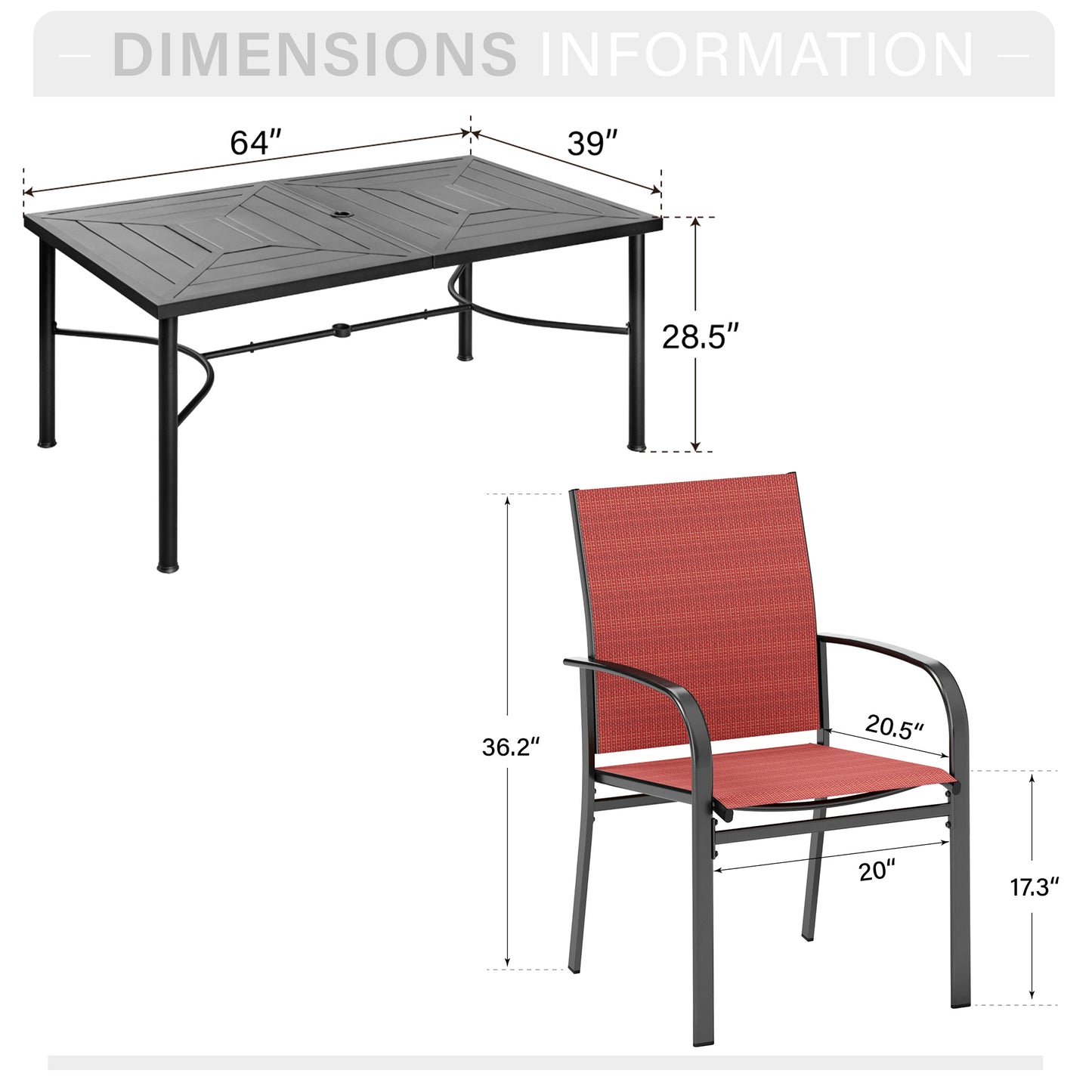Captiva Designs 7pc Outdoor Patio Geometric Pattern Rectangular Steel Dining Table & Sling Fixed Chairs
