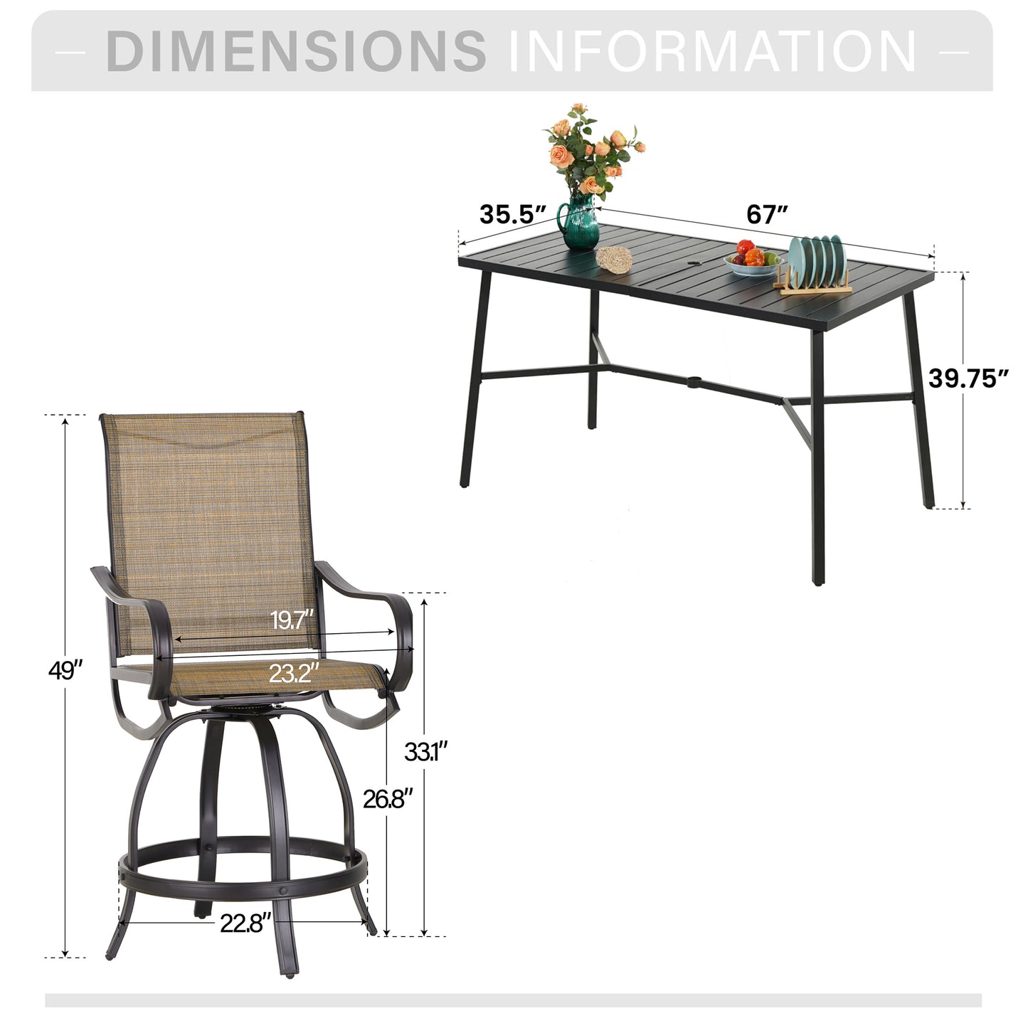 Captiva Designs 7pc Outdoor Patio Slatted Top Rectangle Metal Bar Table & Steel Swivel Bar Stools