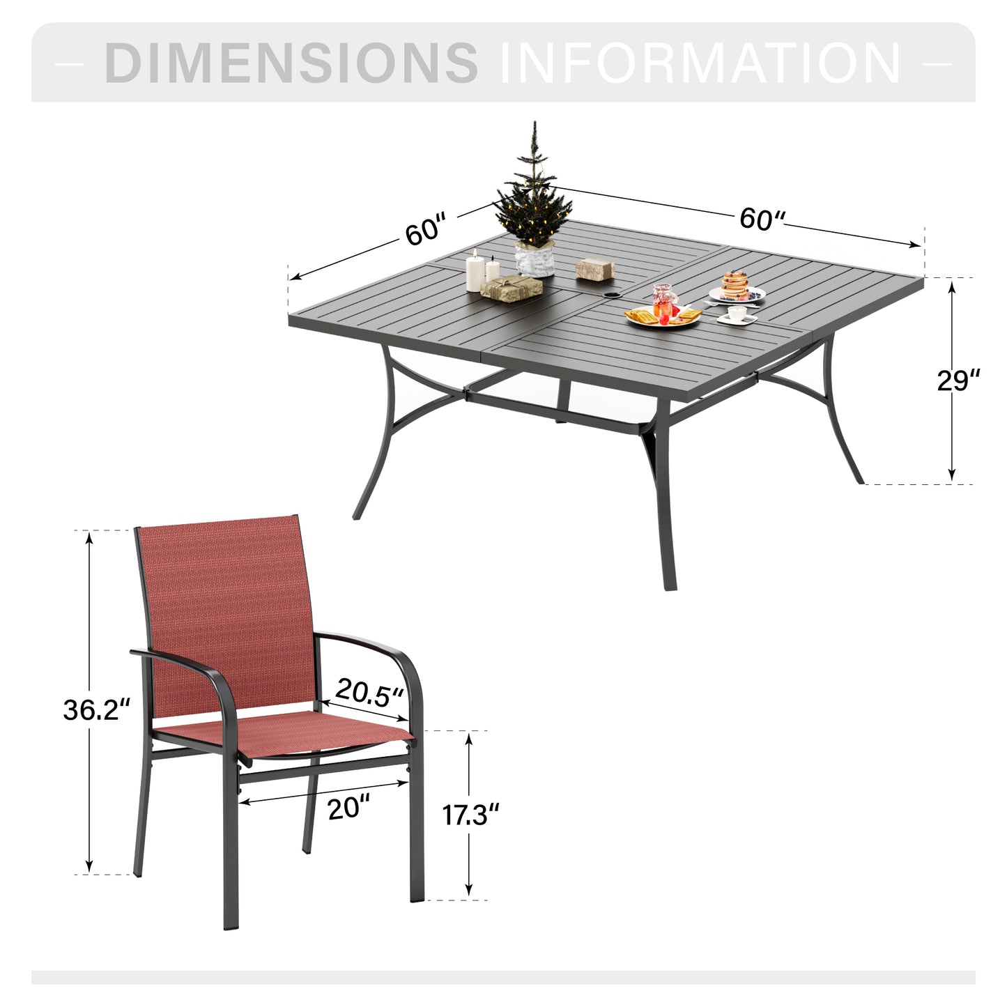 Captiva Designs 9pc Spacious Slat-top Square Metal Table with Umbrella Hole & Sling Fixed Dining Chairs