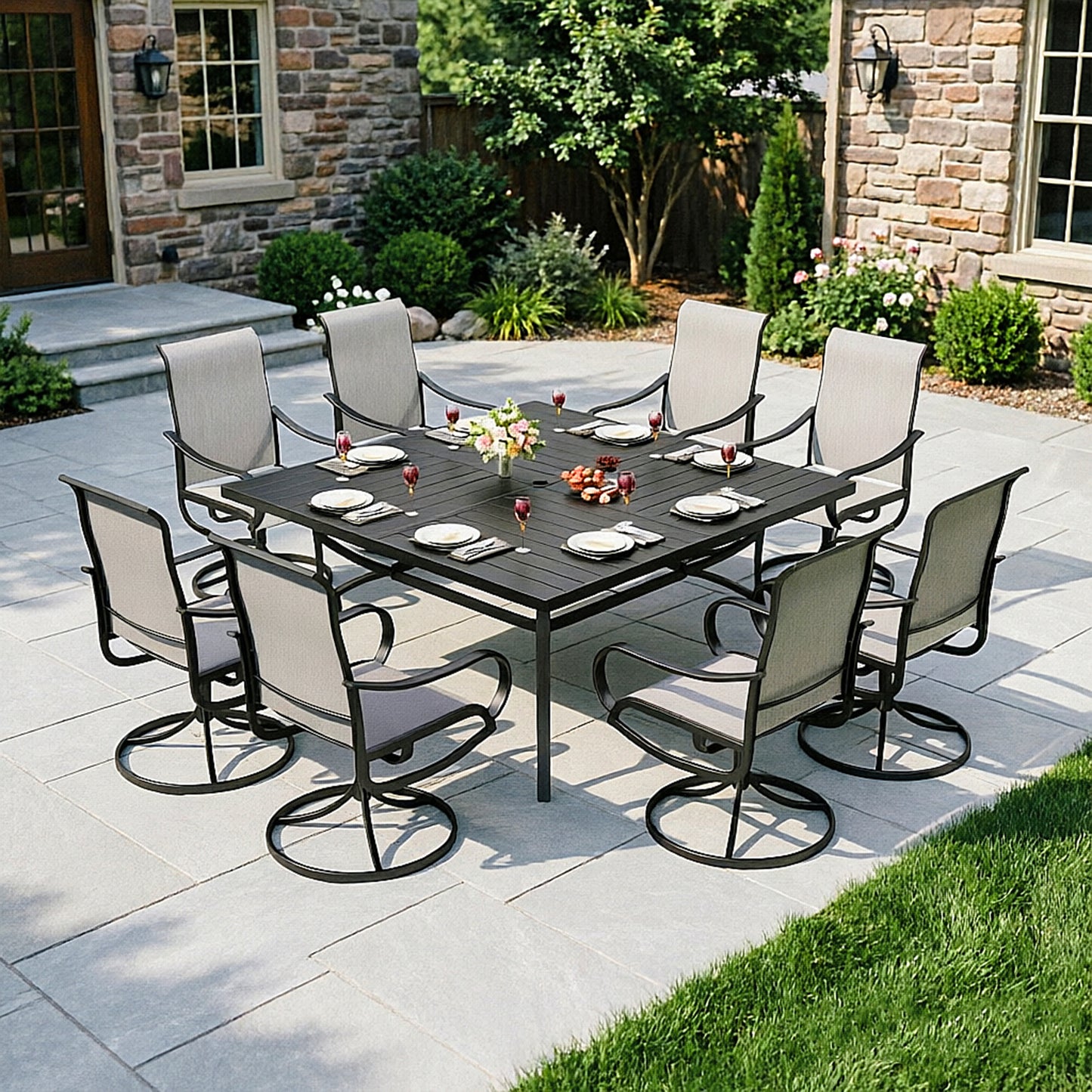 Captiva Designs 9pc Spacious Slat-top Square Metal Table with Umbrella Hole & Textilene Swivel Chairs