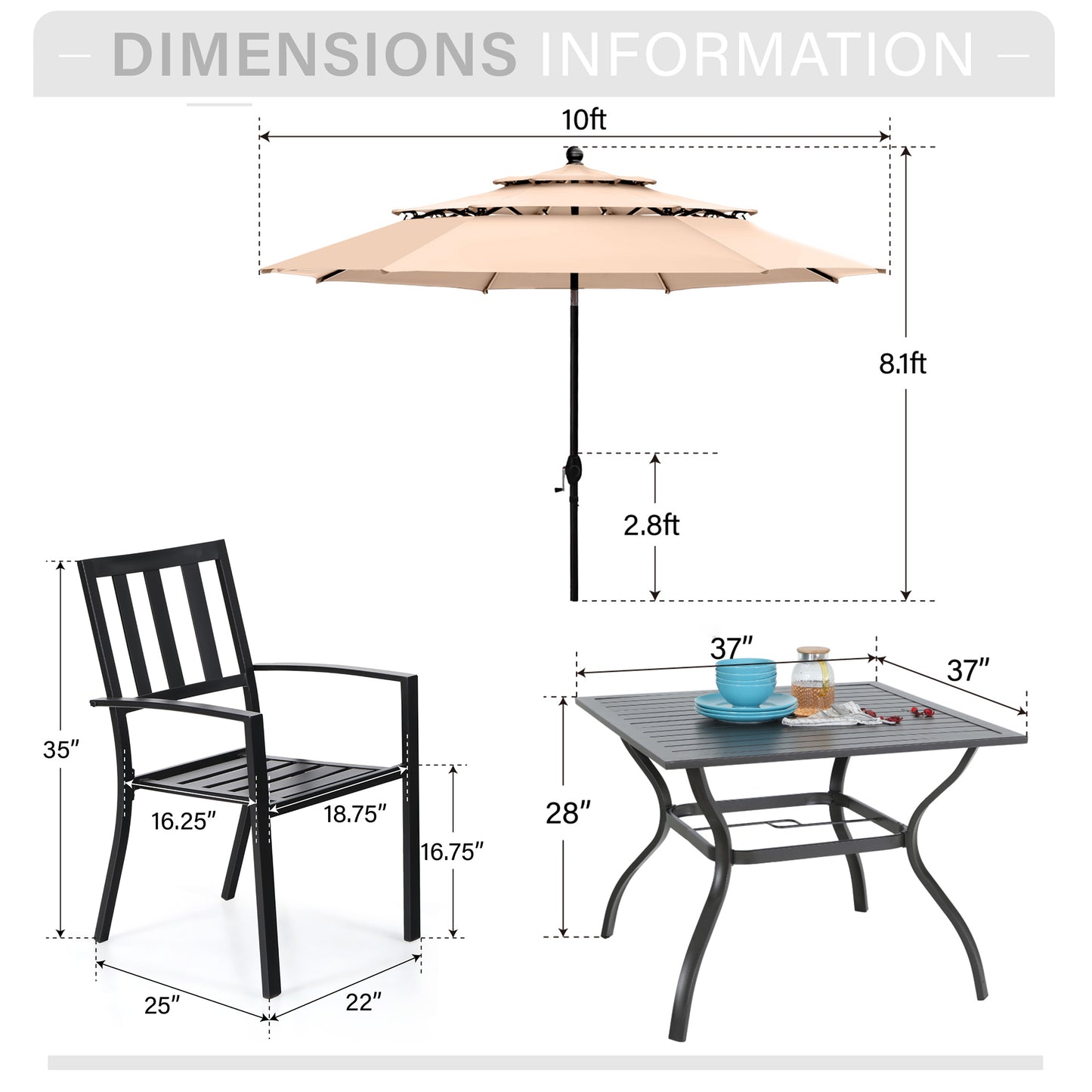 Captiva Designs 6pc Patio Square Dining Table & Stackable Fixed Chairs & 10ft 3 Tier Auto-tilt Umbrella