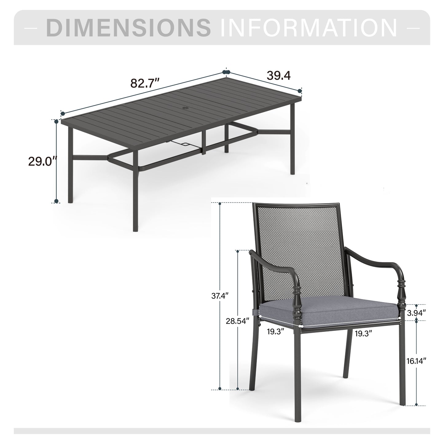Captiva Designs 9pc Spacious Slat-top Rectangle Metal Table with Umbrella Hole & Fixed Steel Chairs with Gourd Head Armrests