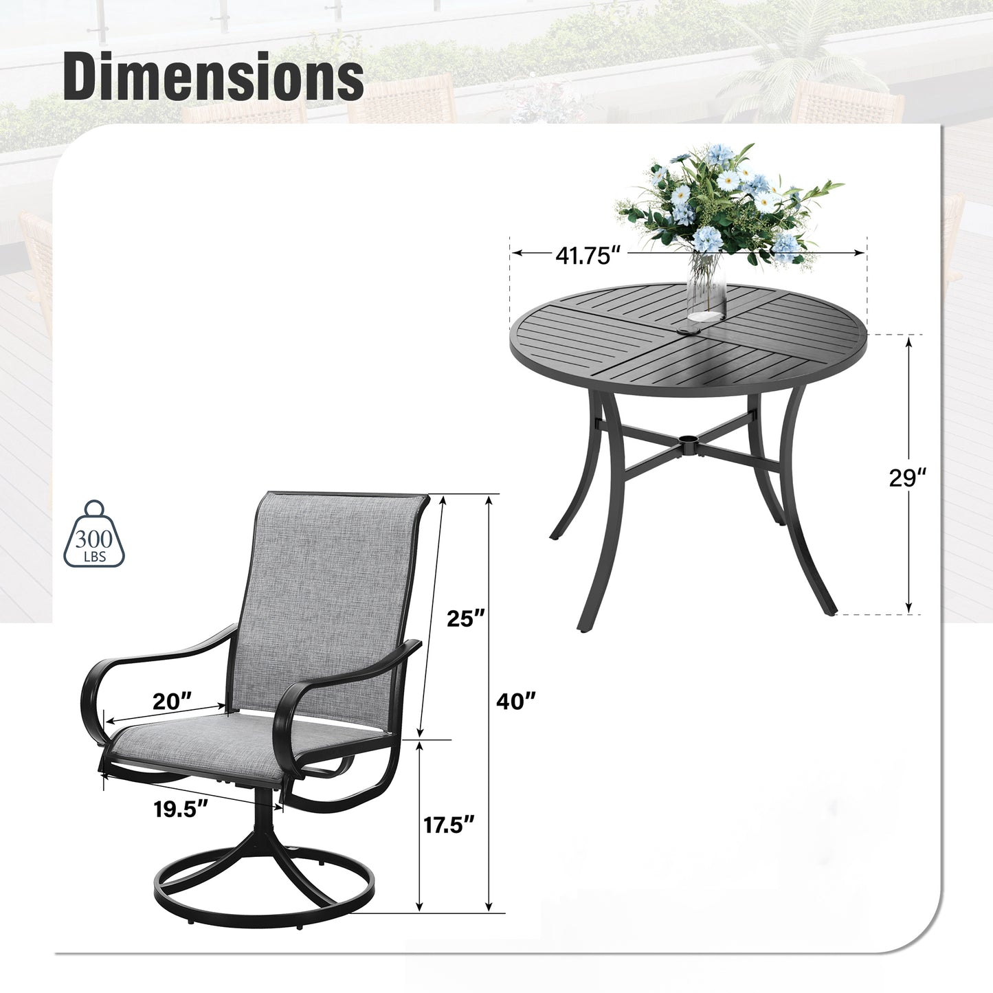 Captiva Designs 5pc Outdoor Patio Dining Set with Slat-top Table & Textilene Swivel Chairs