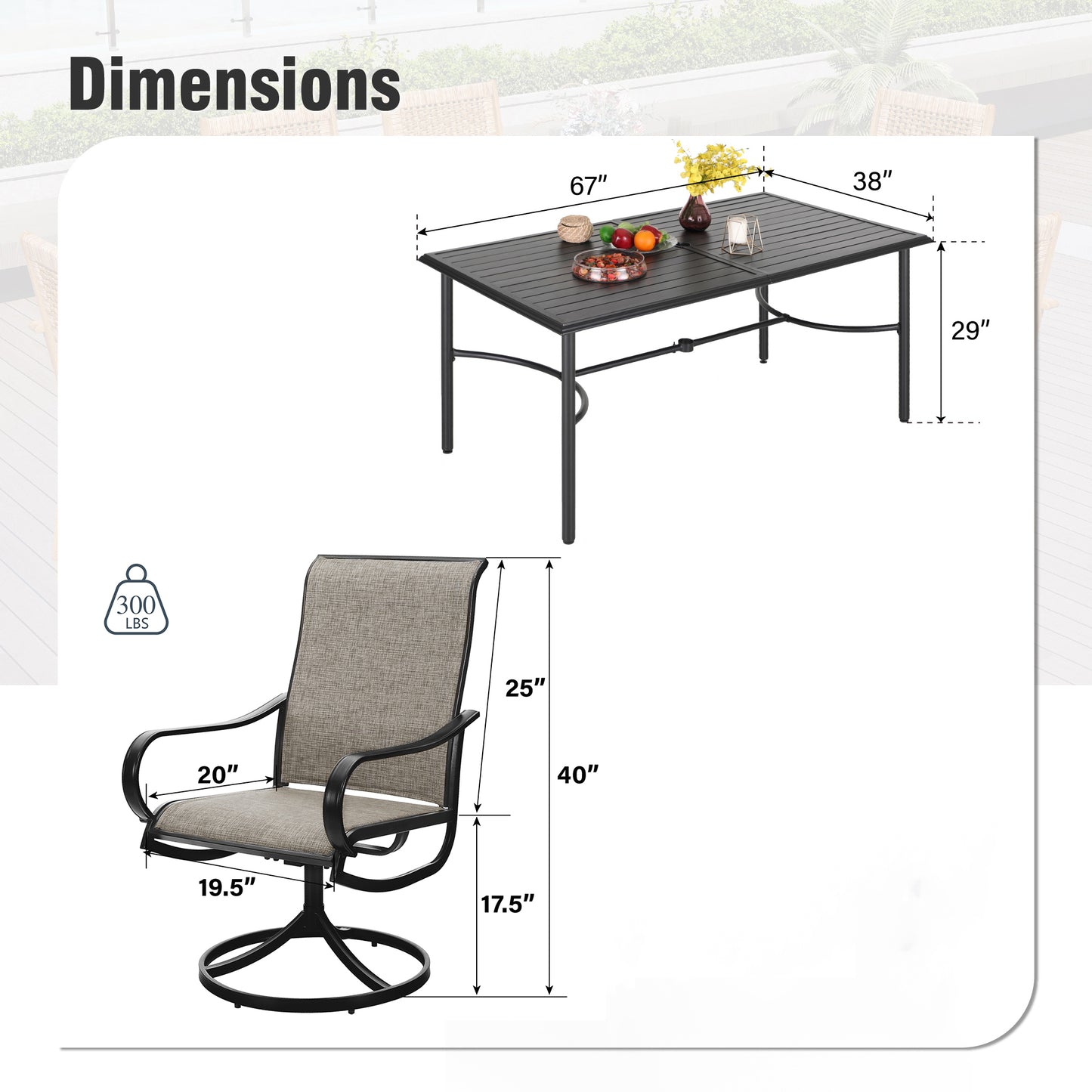 Captiva Designs 7pc Outdoor Rectangle Steel Table with Umbrella Hole & Textilene Swivel Chairs