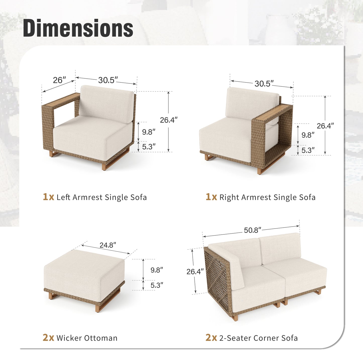 Captiva Designs Outdoor Patio Modular Furniture Sectional Wicker Sofa Set with 9.8 Inch Thick Cushions