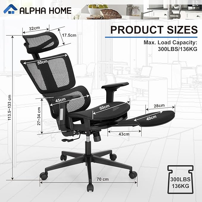 ALPHA HOME Office Chair Ergonomic Desk Chair with Retractable Footrest High Back Manager Chair Computer Home Office Chair 90-130° Tilt Angle with 3D-Armrest,Adjustable headrest,Lumbar Support