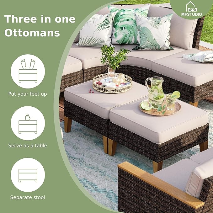 MFSTUDIO Garden Sofa Rattan Furniture Set, Updated Ribs, 20% Thicker than Others. CUSHION PRO FABRIC, Waterproof, Easy Clean, Anti Fouling. Outdoor Lounge Corner Sofa Set with Table Stool