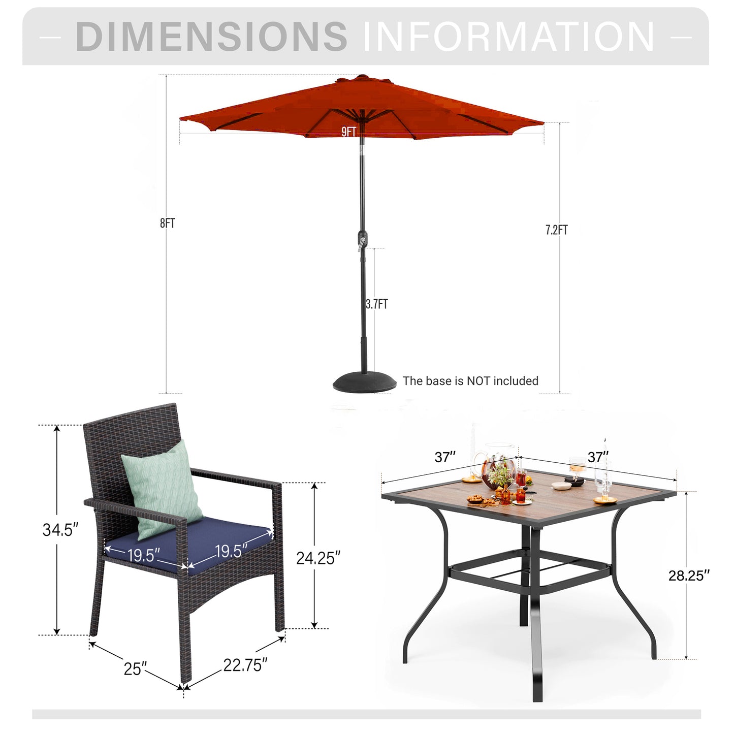 Captiva Designs 6pc Patio Steel Dining Table with Umbrella Hole & Blue Rattan Chairs & Market Umbrella