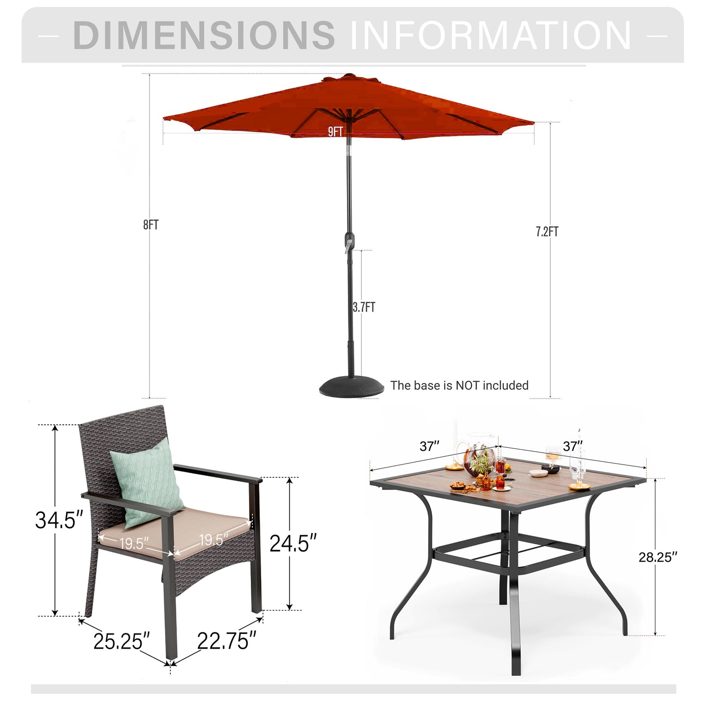 Captiva Designs 6pc Patio Steel Dining Table & Brown Rattan Chairs with Beige Cushion & Market Umbrella