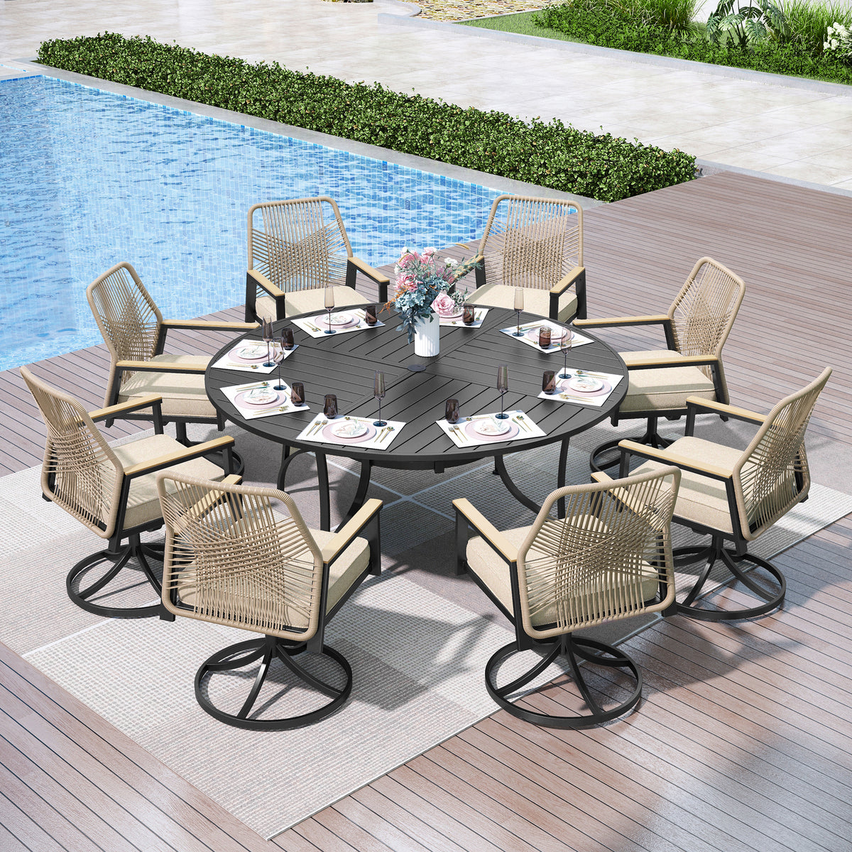 Captiva Designs 9Pc Outdoor Furniture Set with Patio Round Dining Table with Umbrella Hole & Armrest Chairs