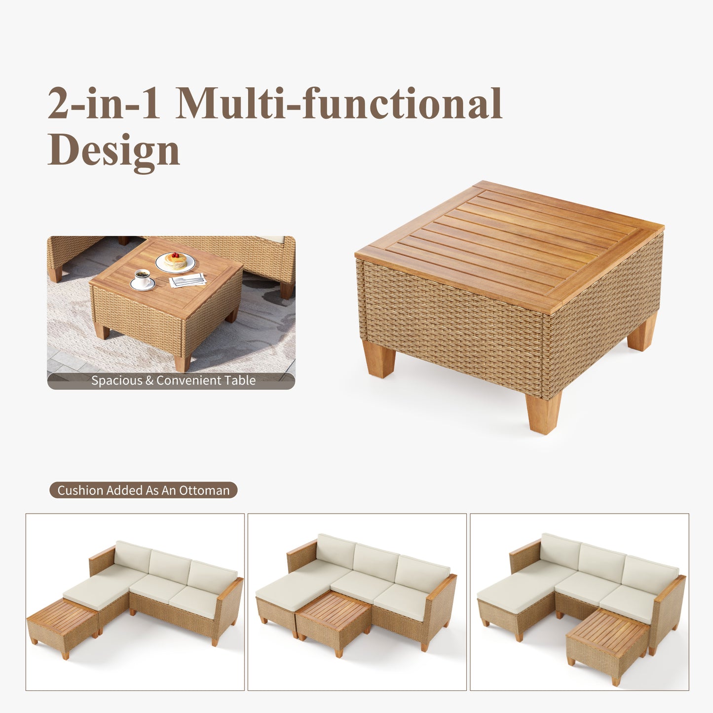 Captiva Designs 3pc Outdoor Patio Wicker Sofa Conversation Set with Wood-top Coffee Table