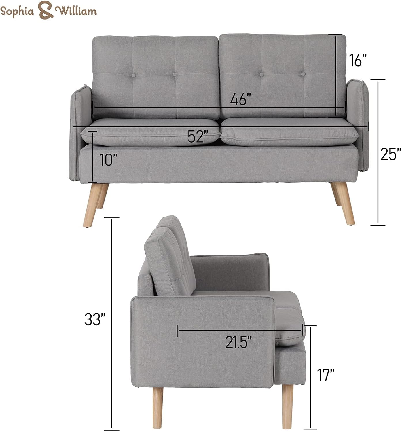 Sophia & William Sofa Coach Modern Loveseat for Living Room Upholstered Fabric 2-Seat Sofa Pillowed Back Cushion Straight Arms 52" Love Seats for Bedroom, Apartment, Dorm, Studio, Office-Light Grey