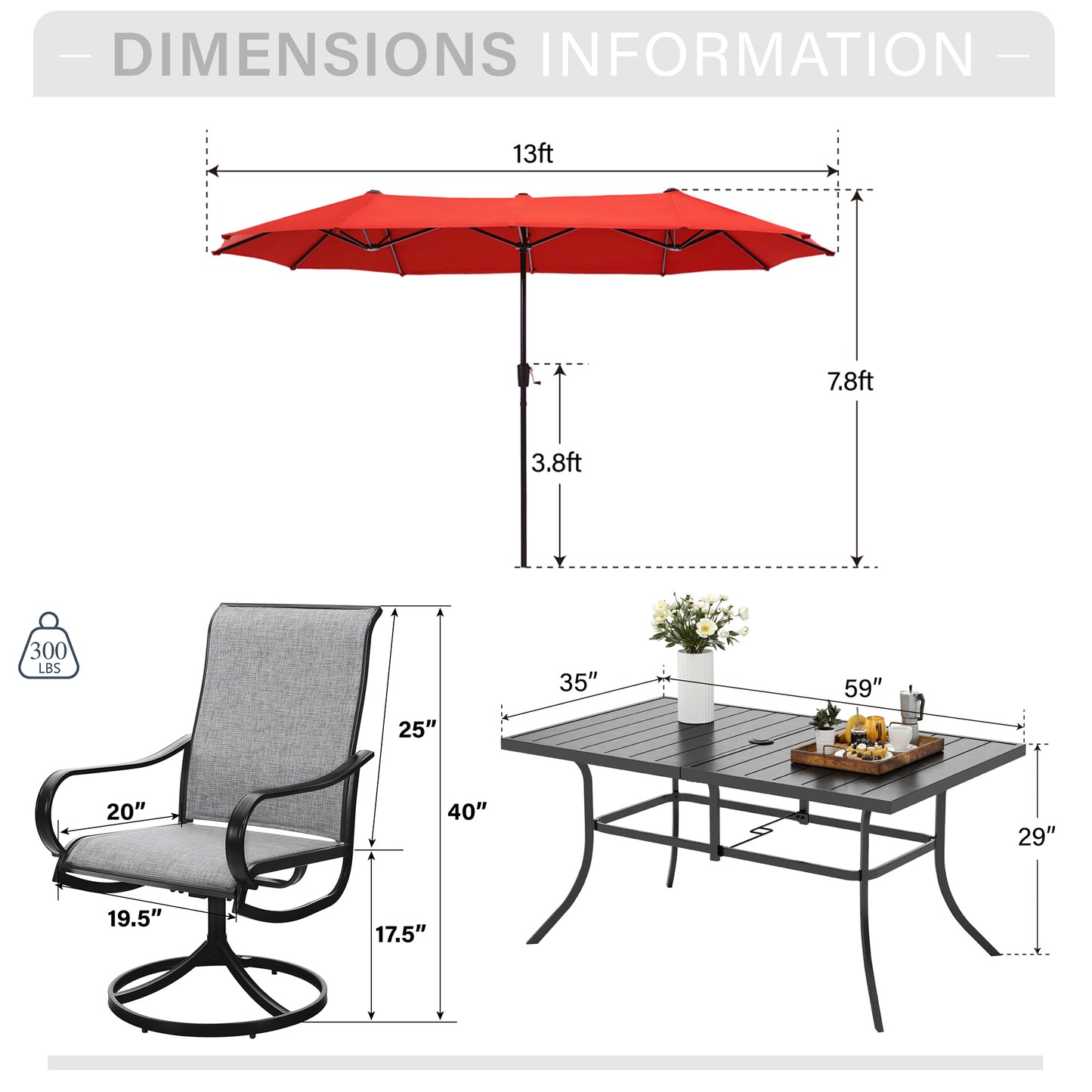 Captiva Designs 8pc Patio Rectangular Steel Dining Table & Sling Swivel Chairs & Market Umbrella
