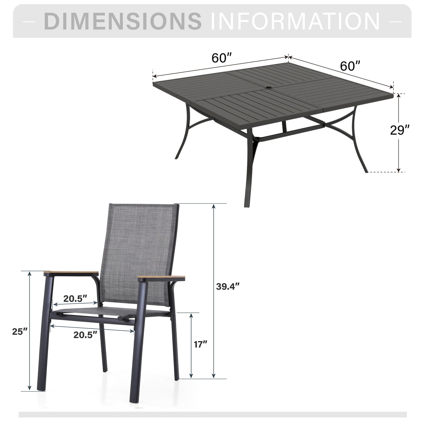 Captiva Designs 9pc Patio Slat-top Square Metal Dining Table & Stackable Textilene Aluminum Chairs