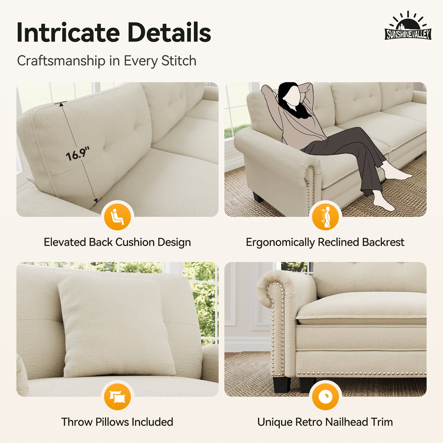 SUNSHINE VALLEY 116" Oversized Modular Sectional Couch U-Shaped Living Room Mid-Century Modern 5-Seater Cloud Sofa, White, Rolled Arms & Nailhead Trim, Wider & Deeper Seats, Ottoman, Chenille