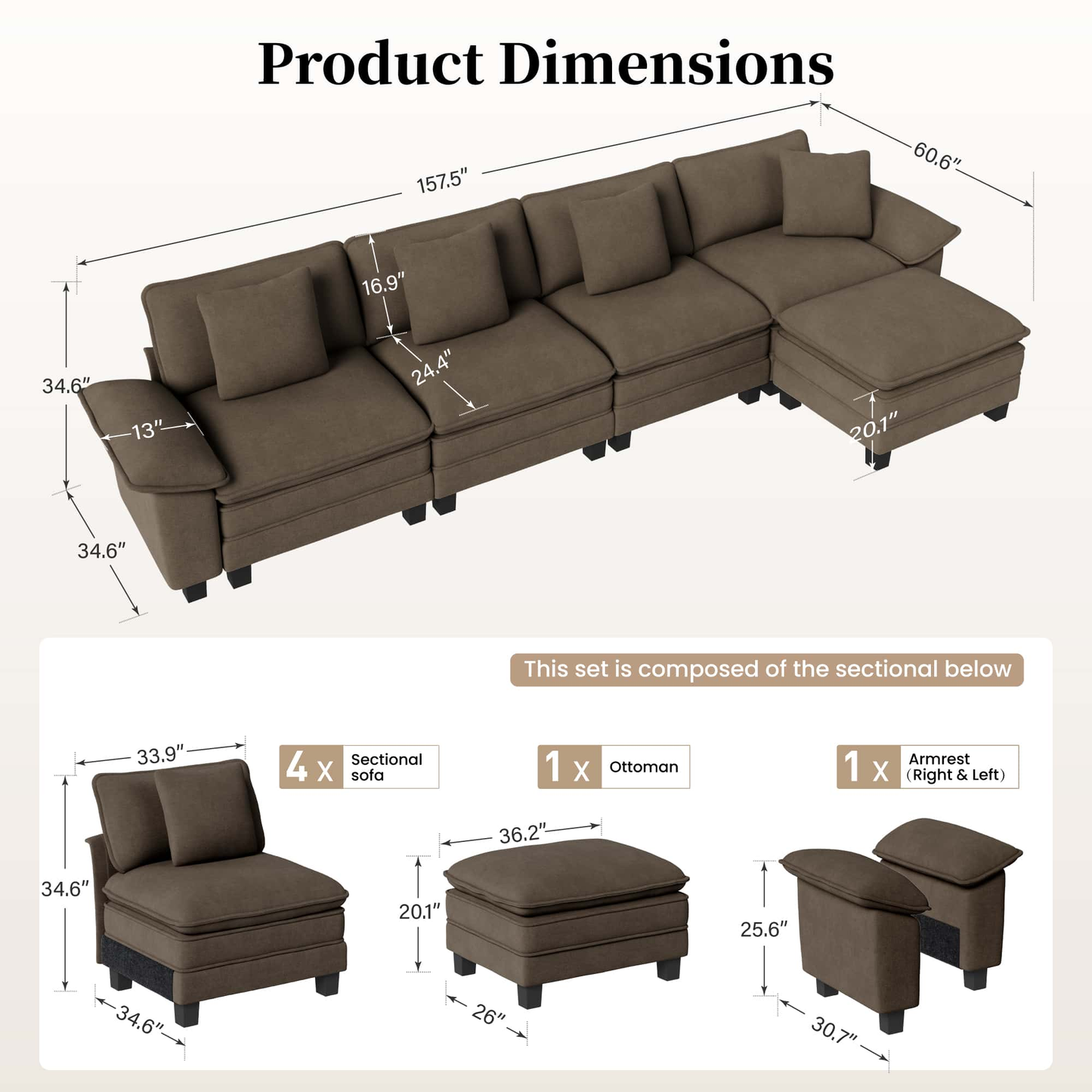 SUNSHINE VALLEY L Shaped Modular Cloud Couch, 157.5'' Oversized Chenille Sectional Sofa with Wider Armrest and Ottoman, Upholstered 5-Seat Modern Deep Seat for Bedroom Living Room, Taupe