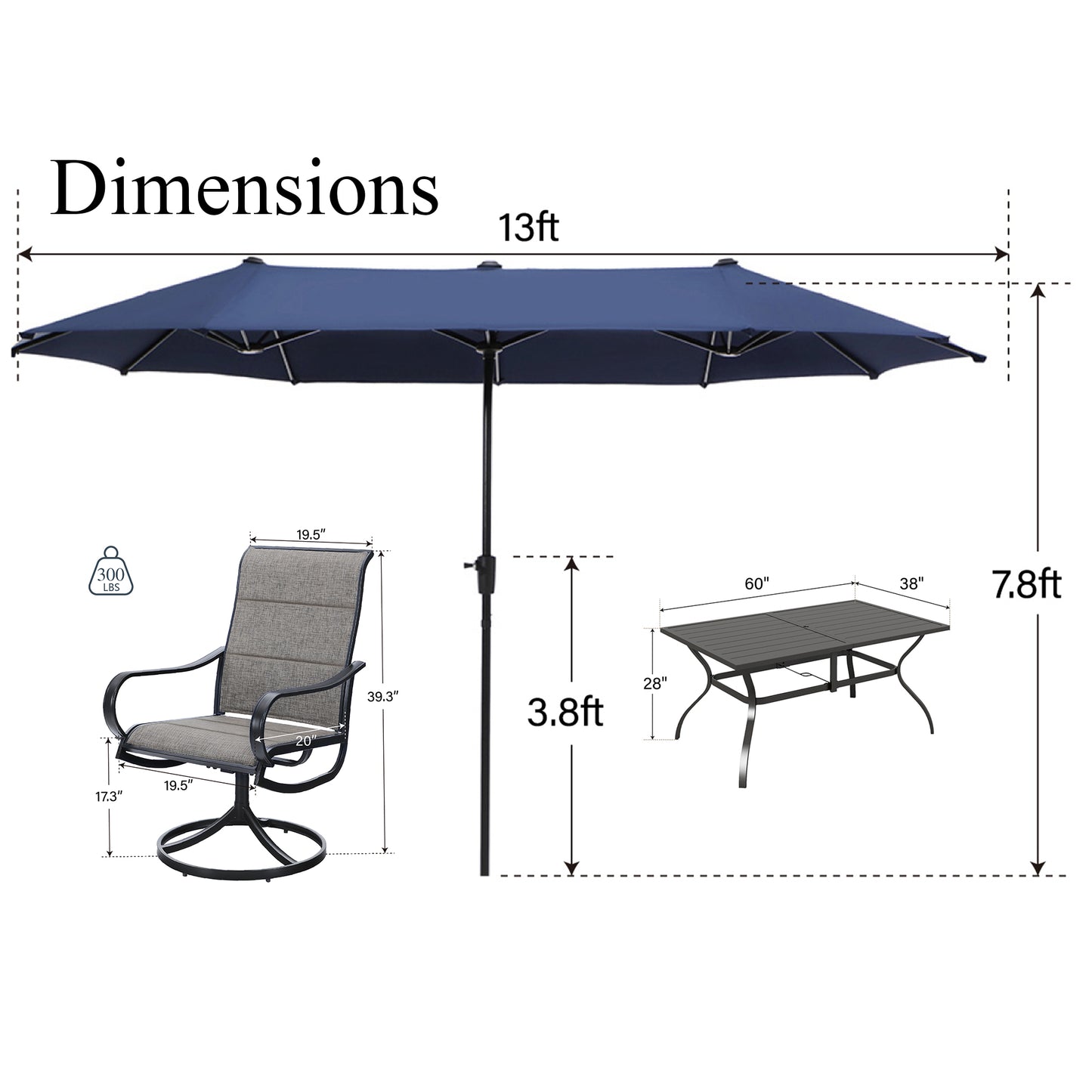 Captiva Designs 8pc Patio Rectangular Steel Dining Table & Sling Swivel Chairs & Market Umbrella