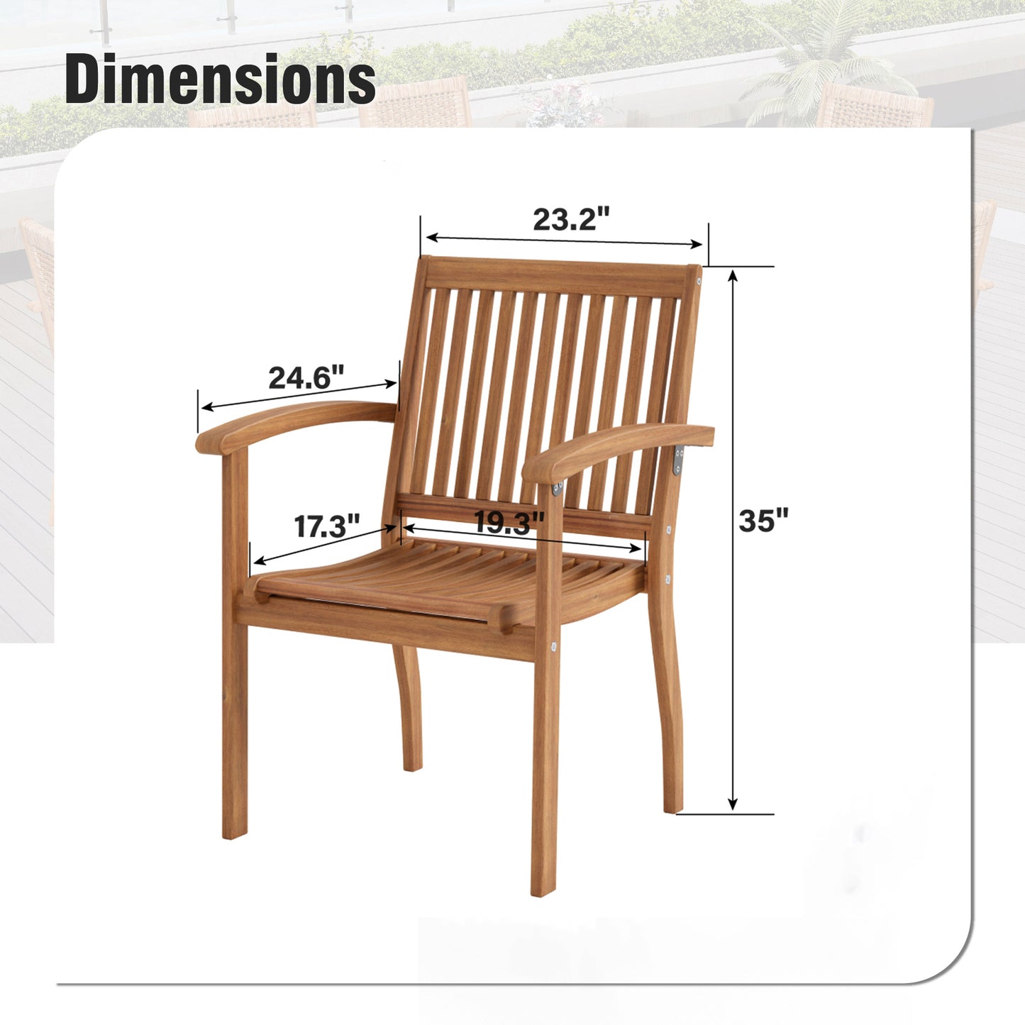 Captiva Designs Outdoor Patio Dining Acacia Wood Patio Fixed Chairs with Armrests