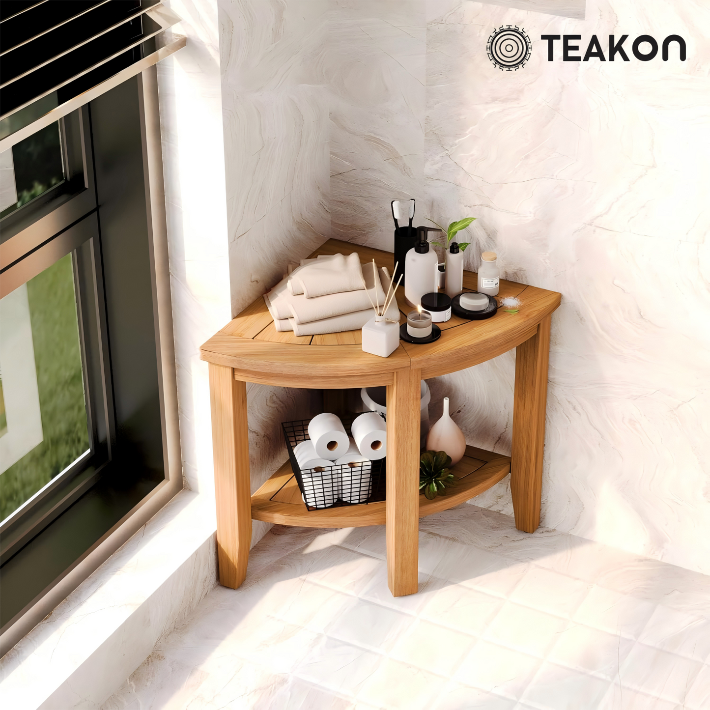 TEAKON Teak Shower Bench, Sector Bathroom Shower Stool with Storage Shelf Waterproof Wood Bench, Shower Seat