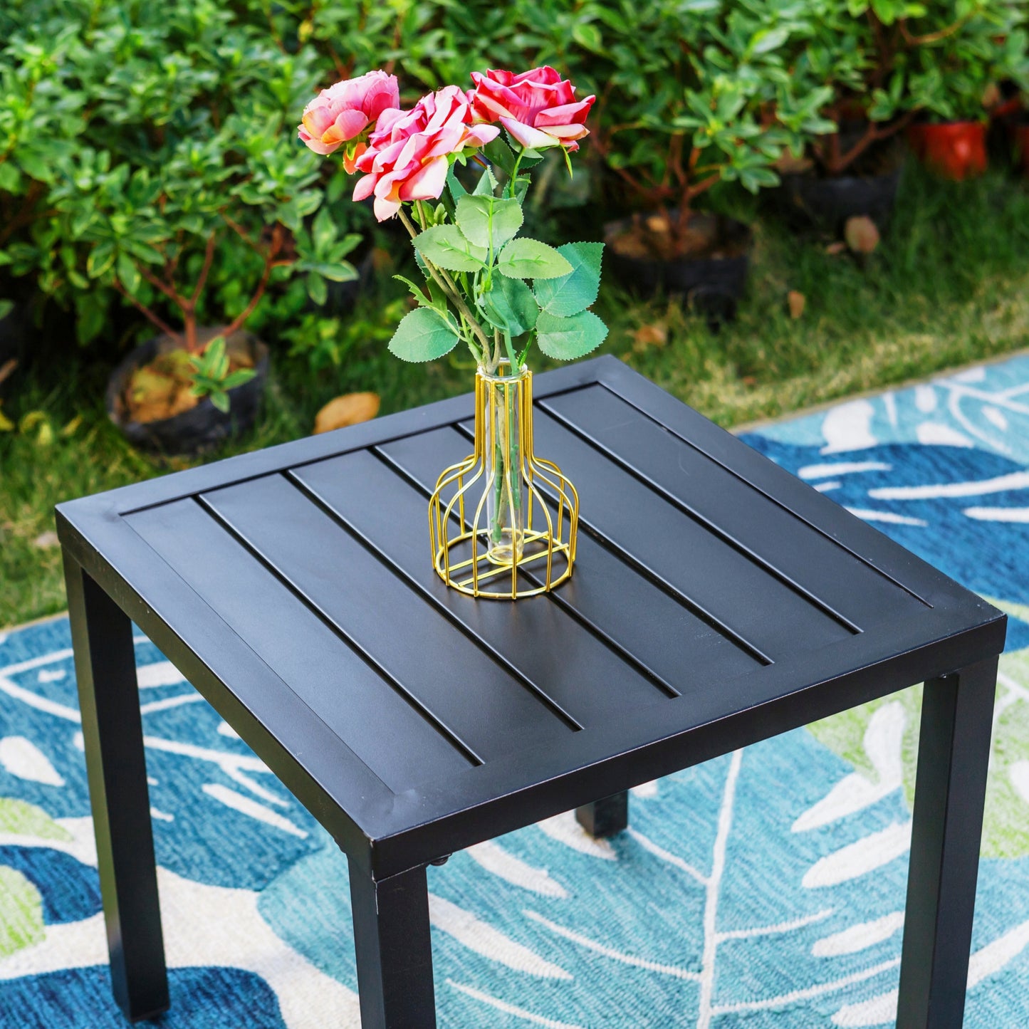 Captiva Designs 3pc Outdoor Patio Dining Steel Table & Gray Wood-look Arm Textilene Sling Chairs