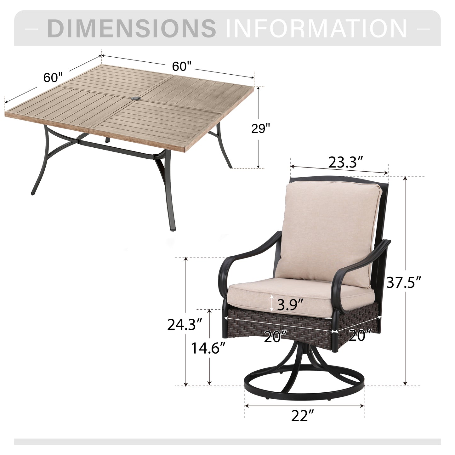 Captiva Designs 9pc Spacious Slat-top Square Metal Table & Rattan Metal Chairs with Thick Cushions