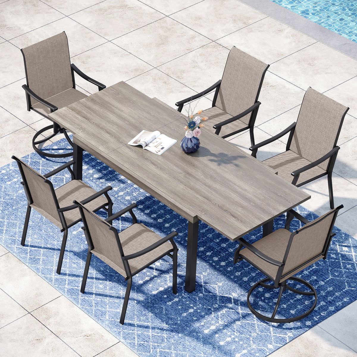 Captiva Designs 7pc Outdoor Patio Expandable Steel Dining Table & Brown Textilene Arm Chairs