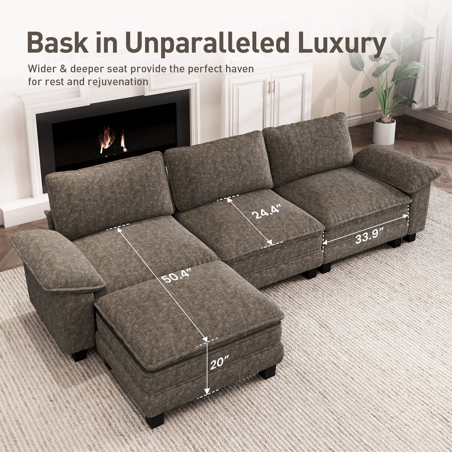 Captiva Designs 123.6" Cloud Modular Sofa, 3-Seater Deep Seat Sectional Couch for Living Room