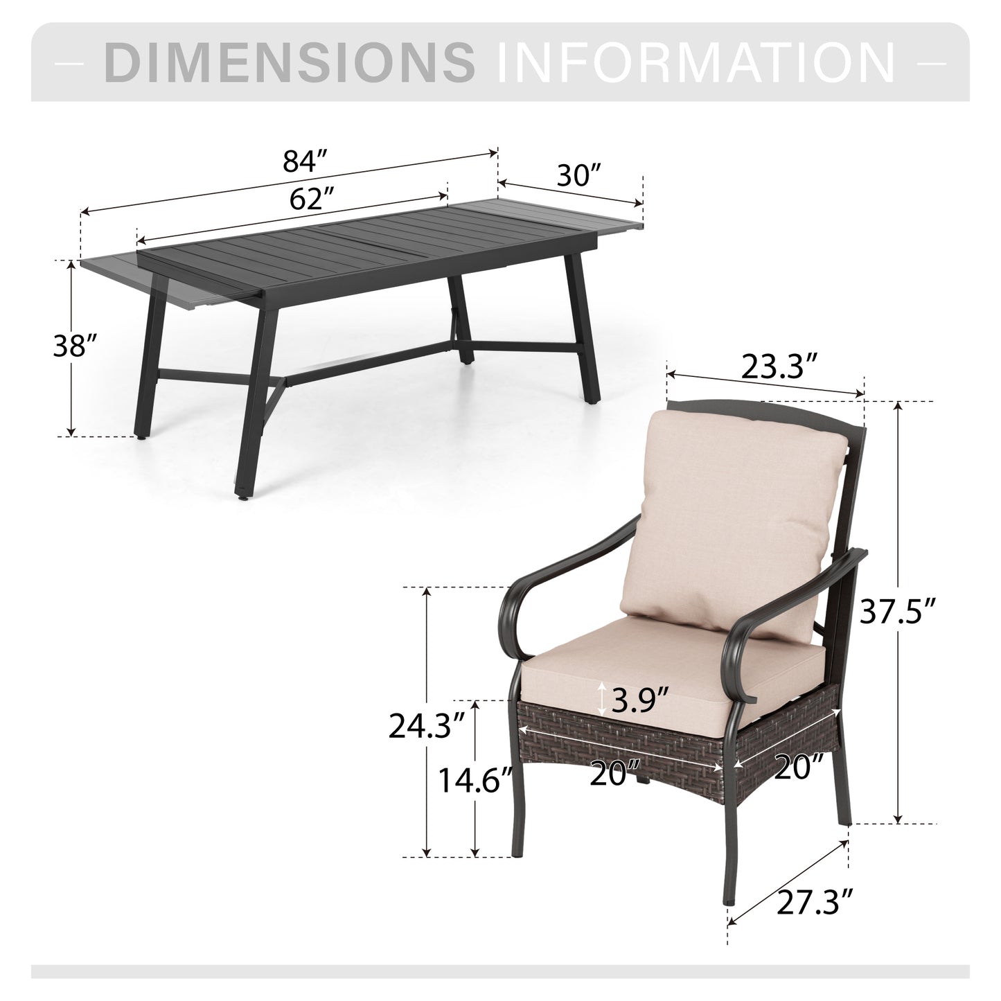 Captiva Designs 9pc Patio Dining Extendable Steel Rectangle Table & Rattan Metal Arm Chairs
