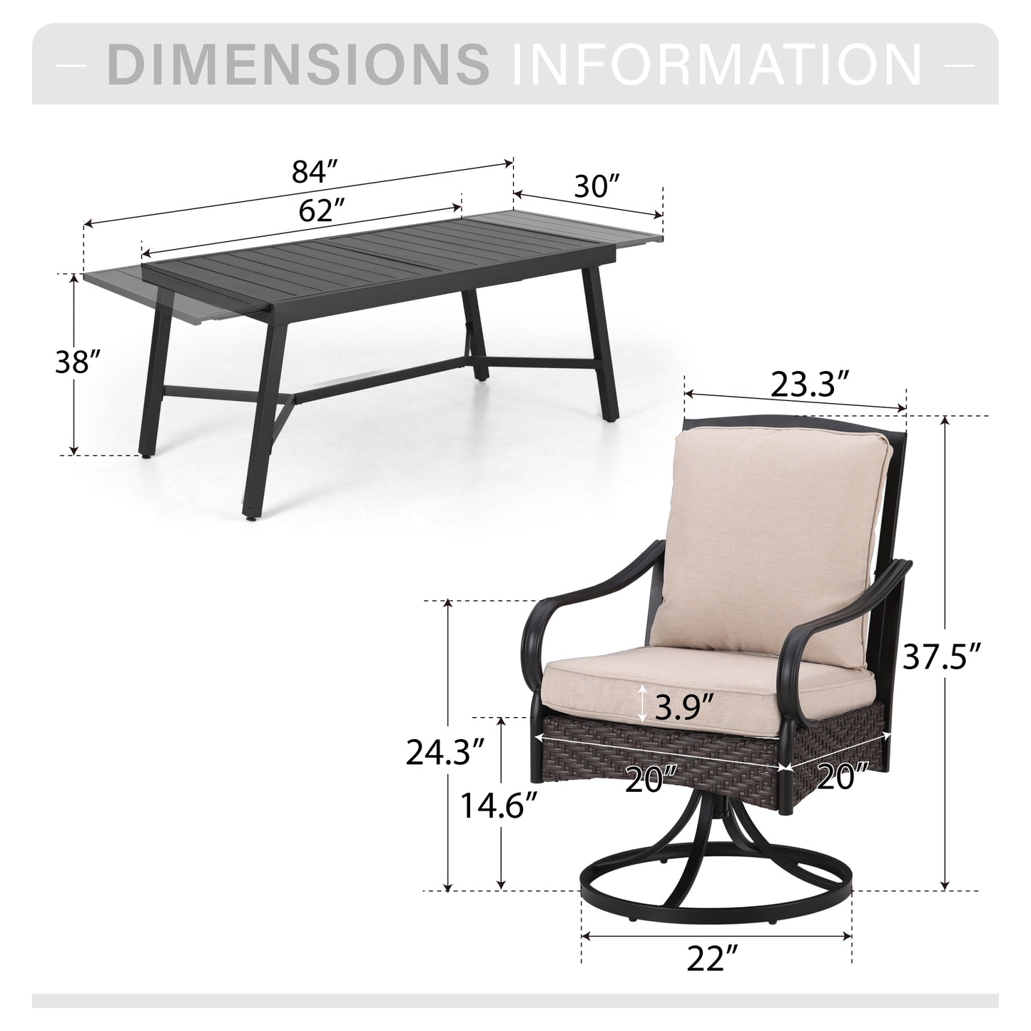 Captiva Designs 7pc Patio Dining Set with Slat-top Steel Table & Rattan Metal Chairs with Removable Cushions