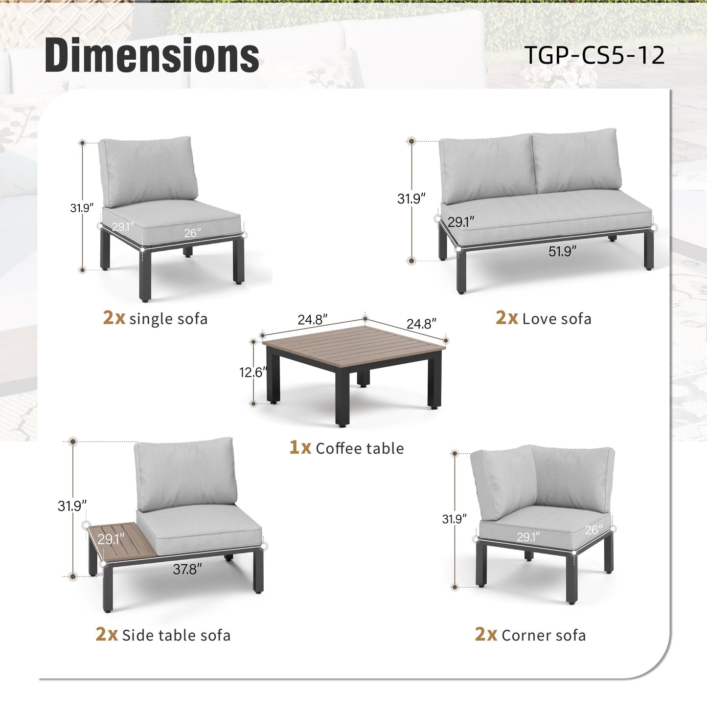 Captiva Designs Outdoor Off-white Conversation Set with Sectional Sofa & Coffee Table & Removable Cushion
