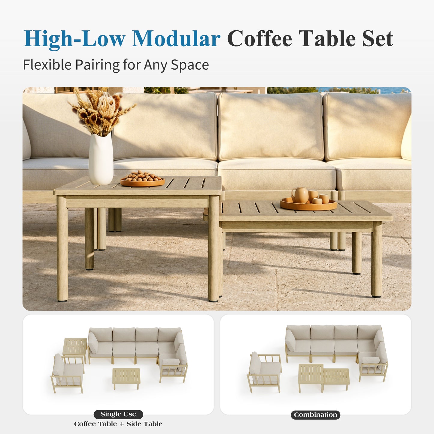 Captiva Designs Acacia Wood Outdoor Patio Cusioned Modular Sofa Conversation Set with 2-in-1 Table