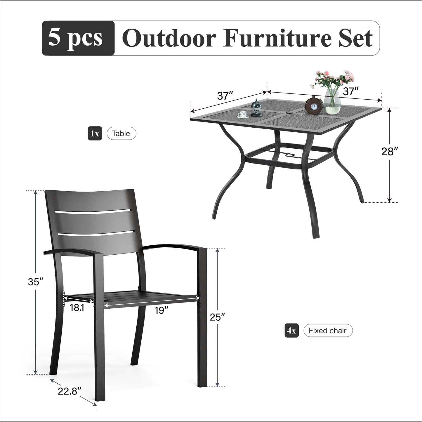 Captiva Designs 5pc Outdoor Patio Steel Dining Table & Metal Chairs with Stripe Back