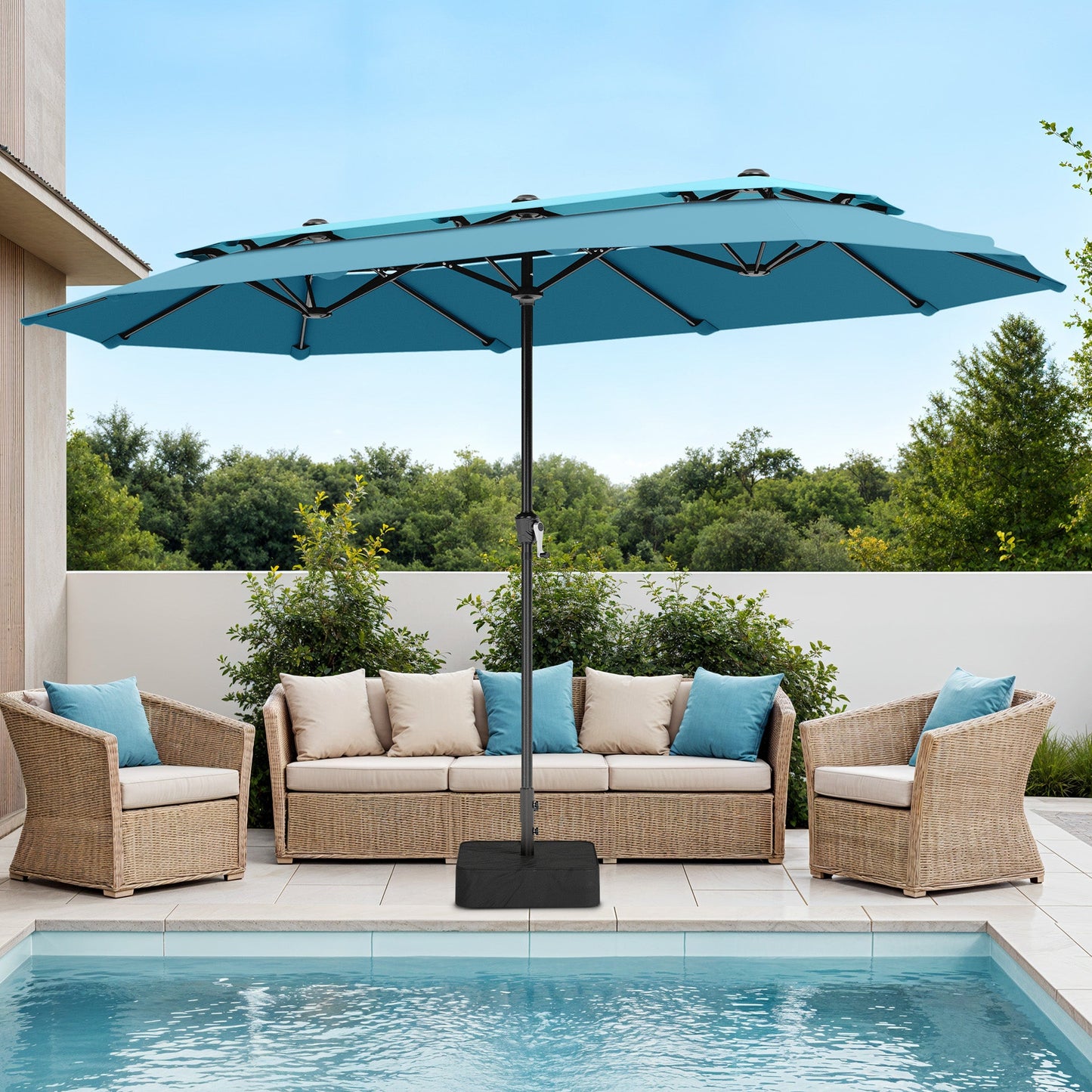Captiva Designs 13ft 2-Tier Double-Sided Rectangular Patio Umbrella with Base, Fade-Resistant Polyester, Crank Lift, Outdoor Market Umbrella