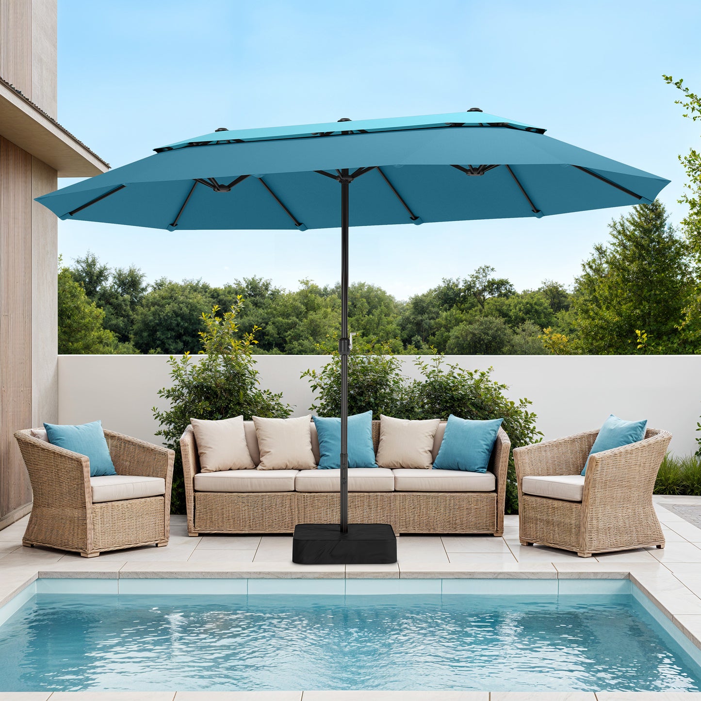 Captiva Designs 15ft Double-Sided Patio Umbrella with Base, Large Rectangular Outdoor Market Umbrella