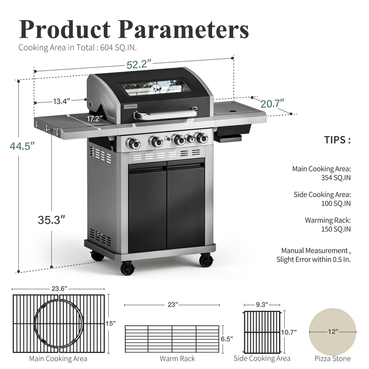 Garden GROTTO 3-in-1 Propane Gas Grill, 4-Burner BBQ with Full-view Window & Infrared Side Burner, 13500 BTU