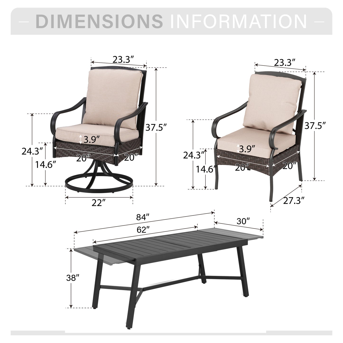 Captiva Designs 9pc Patio Dining Extendable Steel Rectangle Table & Rattan Metal Fixed Chairs & Swivel Arm Chairs