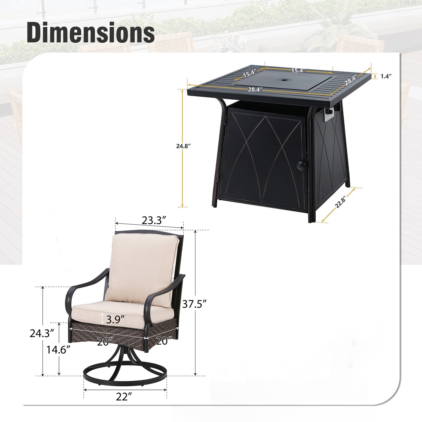 Captiva Designs 5pc Patio Dining Square Steel Fire Pit Table & Armrest Metal Frame Chairs