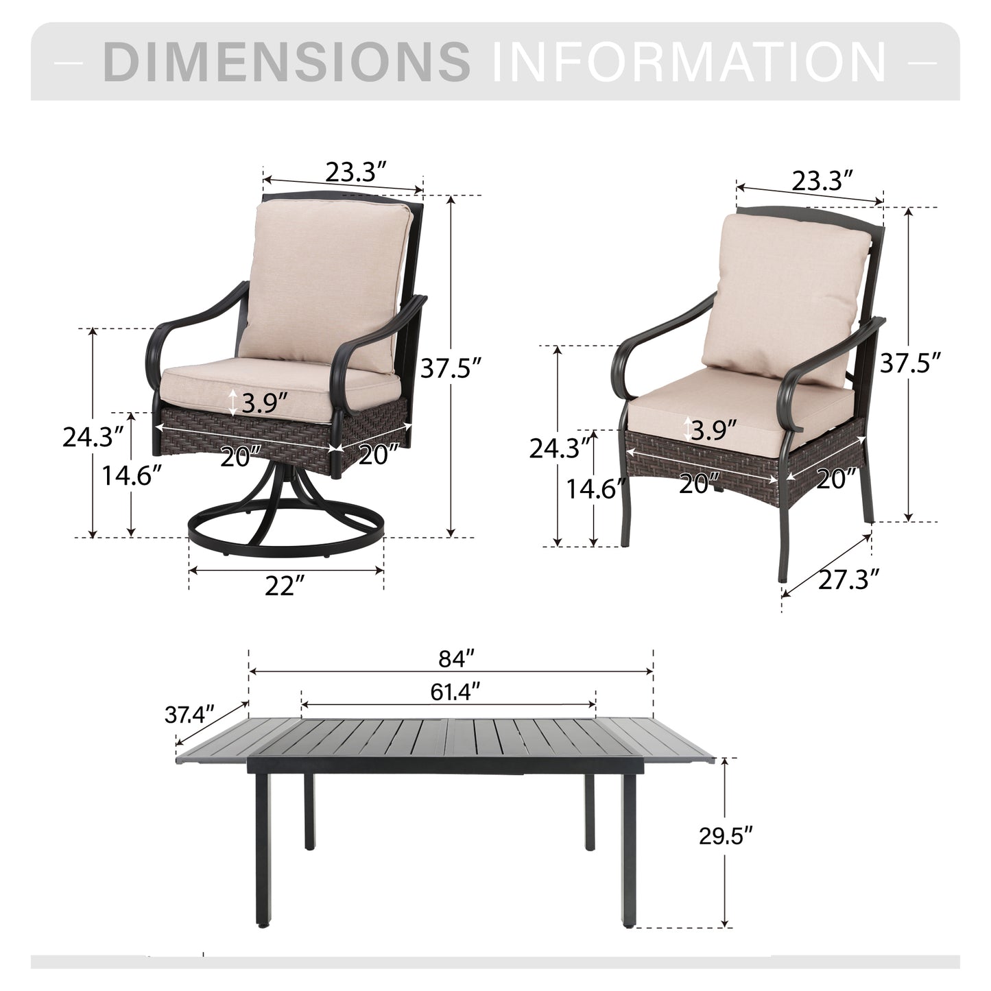Captiva Designs 7pc Patio Dining Set with Slat-top Rectangle Table & Rattan Metal Fixed Chairs & Swivel Arm Chairs