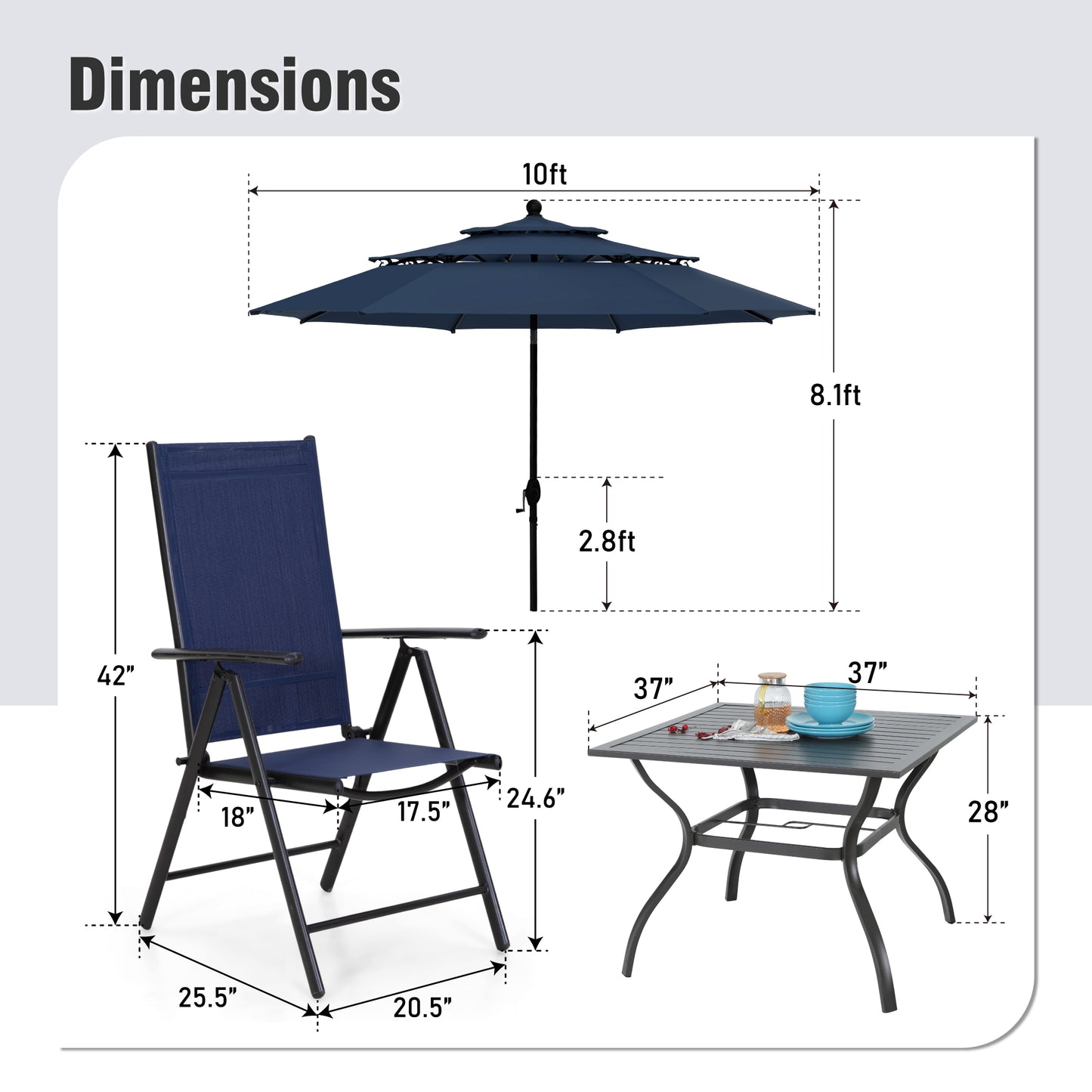 Captiva Designs 6 件套露台板顶方桌、黑色 Textilene 可躺折叠椅和米色遮阳伞
