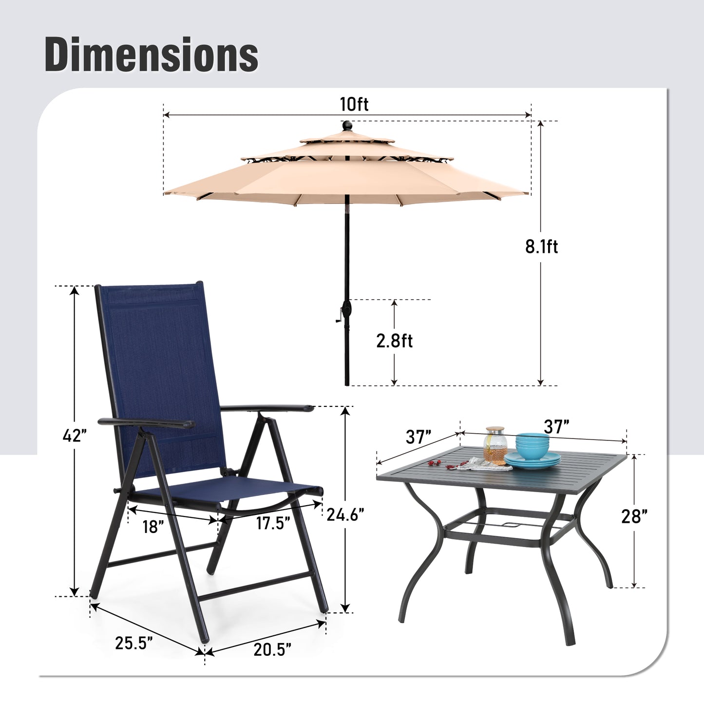 Captiva Designs 6pc Patio Slat-top Square Table & Textilene Reclining Foldable Chairs & Market Umbrella
