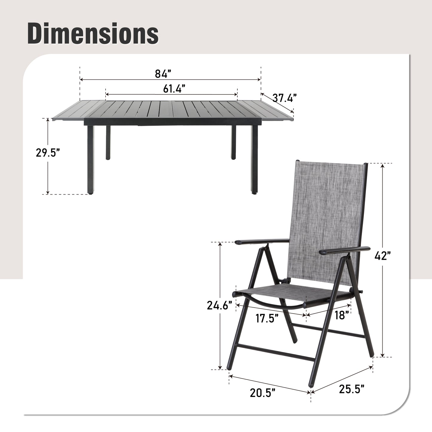 Captiva Designs 9pc Patio Dining Set with Slat-top Adjustable Steel Rectangle Table & Sling Foldable Chair