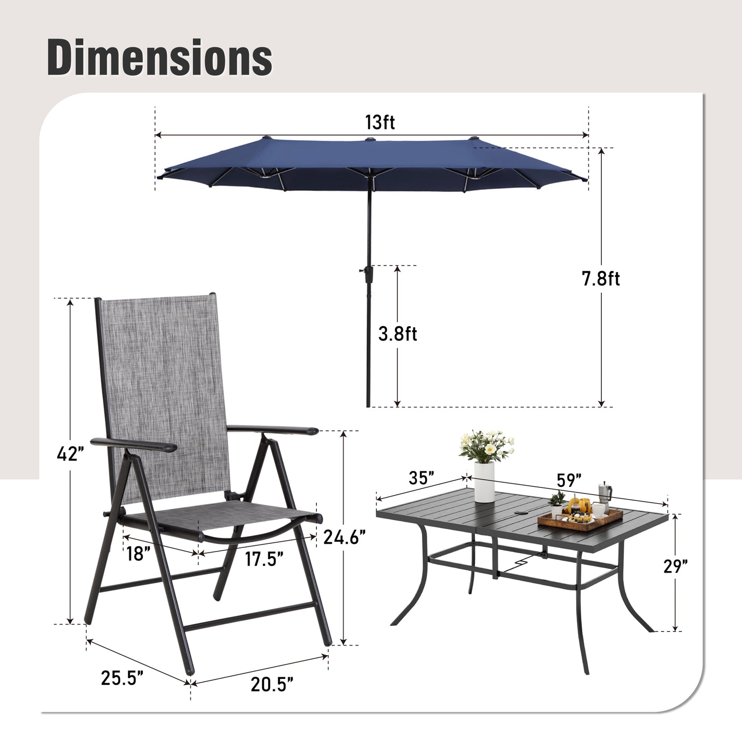 Captiva Designs 8 件套露台板条矩形桌、Textilene 可躺折叠椅和 13 英尺大号米色遮阳伞