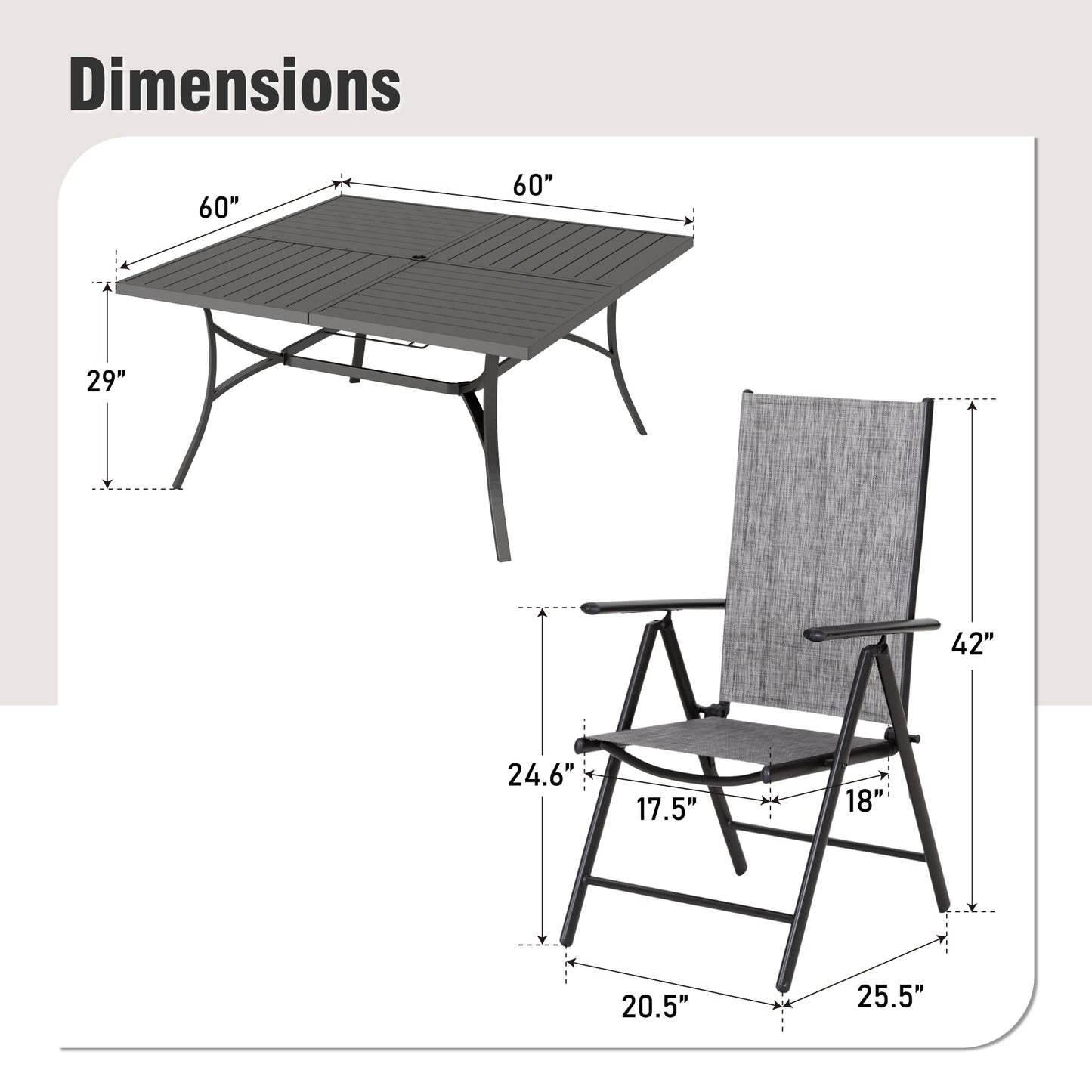 Captiva Designs 9pc Spacious Slat-top Square Metal Table with Umbrella Hole & Reclining Foldable Sling Chairs