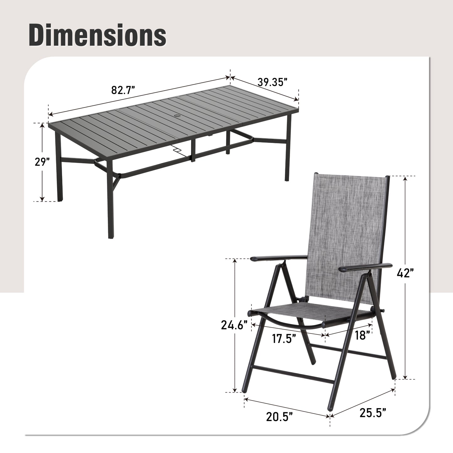 Captiva Designs 9pc Spacious Slat-top Rectangle Metal Table with Umbrella Hole & Textilene Reclining Foldable Chairs