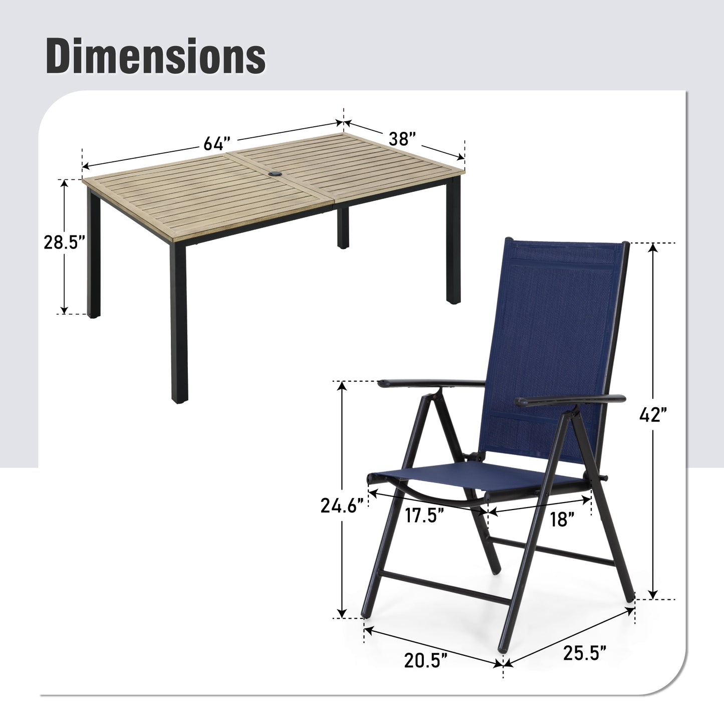 Captiva Designs 7pc Patio Wood-look Metal Table with Umbrella Hole & Textilene Reclining Foldable Chairs