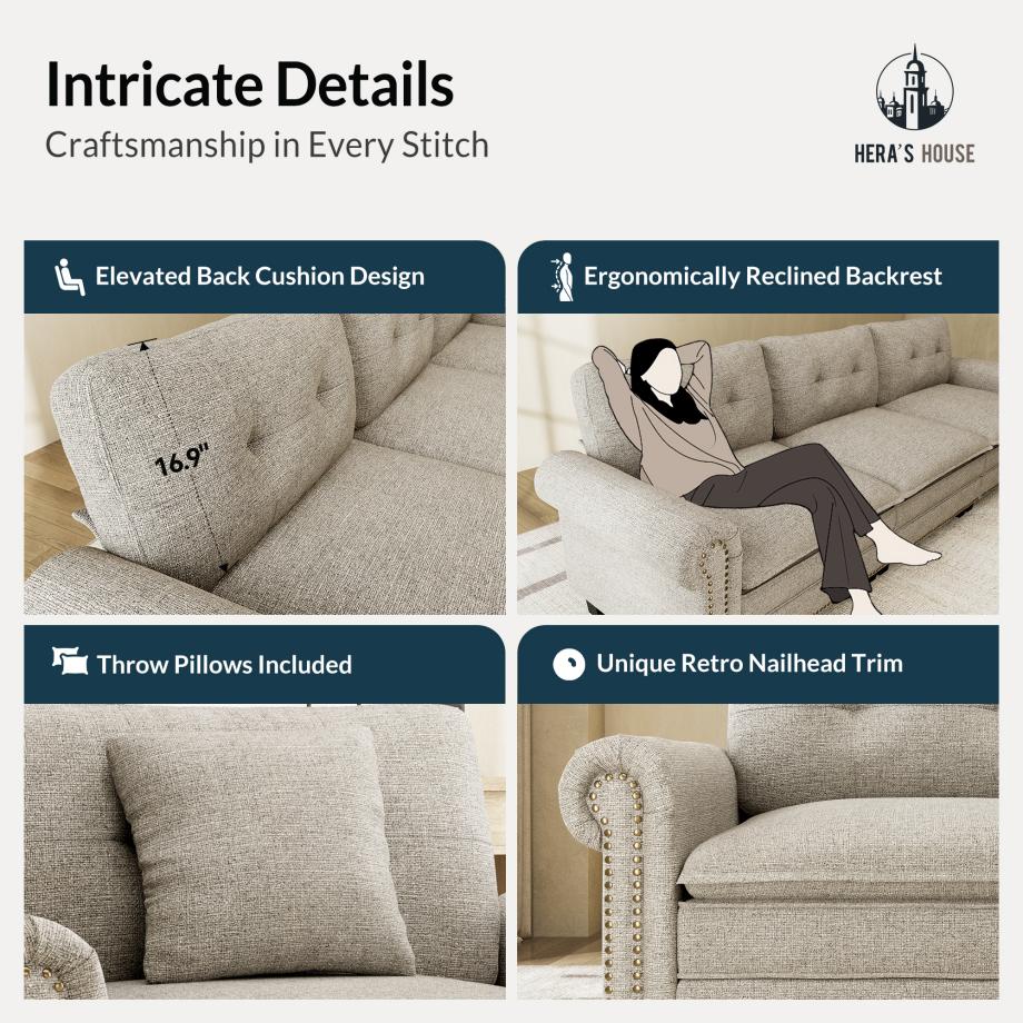 HERA'S HOUSE 150" Classic Mid-Century Modern Couch, Oversized U Shaped Pet Friendly Couch for Living Room, Comfy Cloud Sofa with Ottoman, 6-Seater Deep Seat, Linen Light Grey